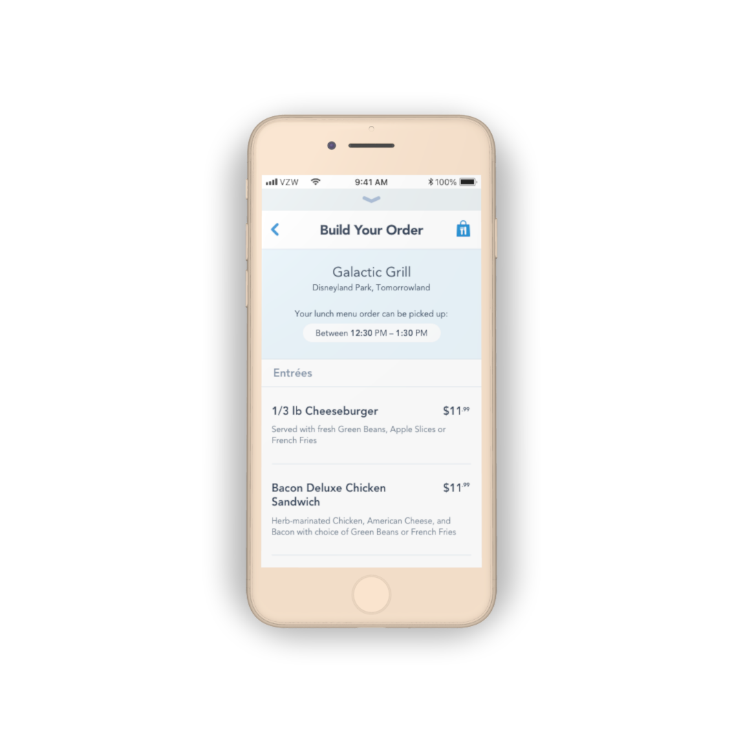 Mobile Order MVP — Build Your Order menu at Galactic Grill, Disneyland (before redesign)